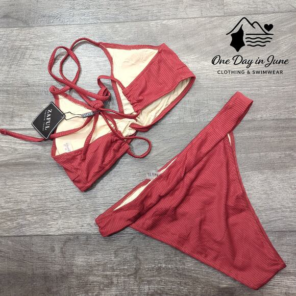 Zaful High Cut Ribbed Strappy Back Bikini Swimsuit Size 6 - Picture 4 of 4